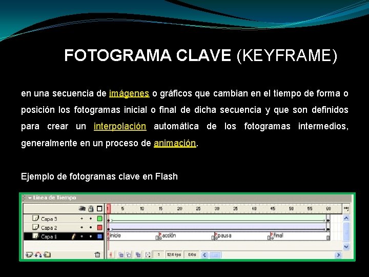 FOTOGRAMA CLAVE (KEYFRAME) en una secuencia de imágenes o gráficos que cambian en el