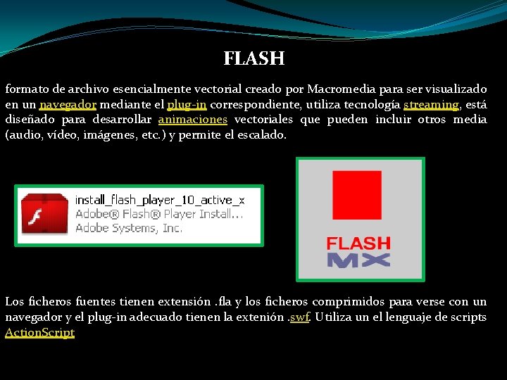 FLASH formato de archivo esencialmente vectorial creado por Macromedia para ser visualizado en un