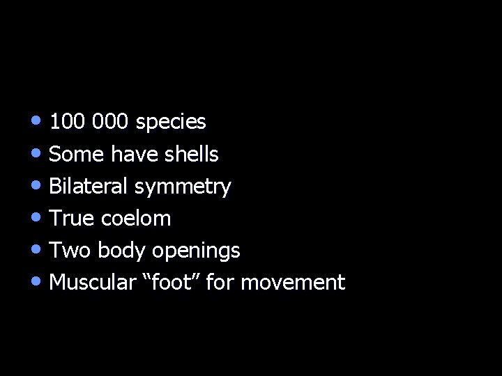  • 100 000 species • Some have shells • Bilateral symmetry • True