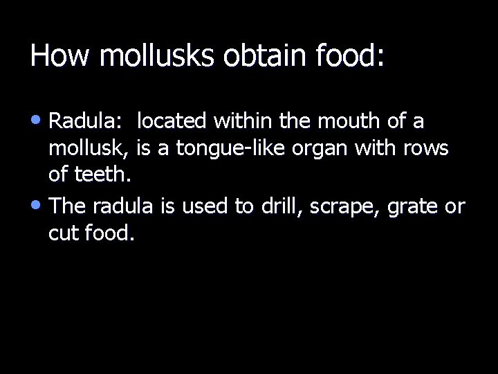 How mollusks obtain food: • Radula: located within the mouth of a mollusk, is