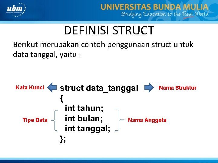 DEFINISI STRUCT Berikut merupakan contoh penggunaan struct untuk data tanggal, yaitu : Kata Kunci