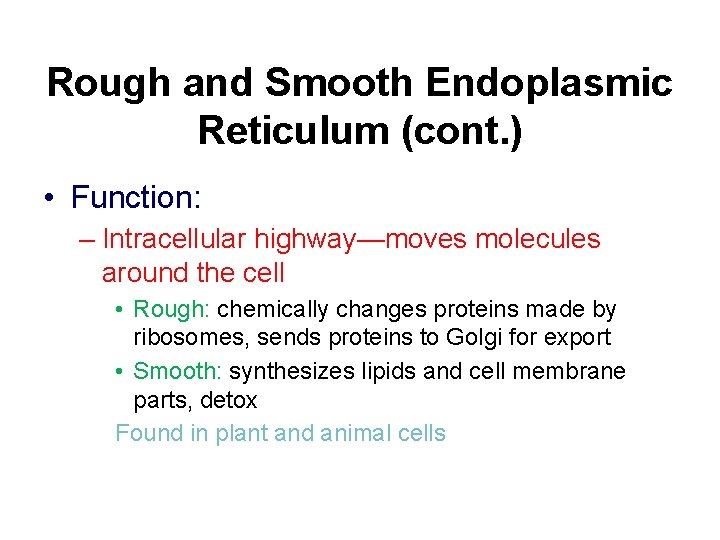 Rough and Smooth Endoplasmic Reticulum (cont. ) • Function: – Intracellular highway—moves molecules around