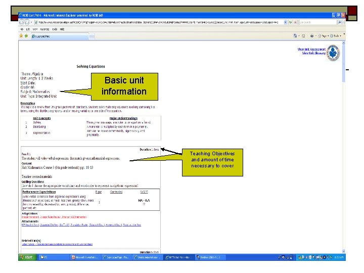 Basic unit information Teaching Objectives and amount of time necessary to cover 