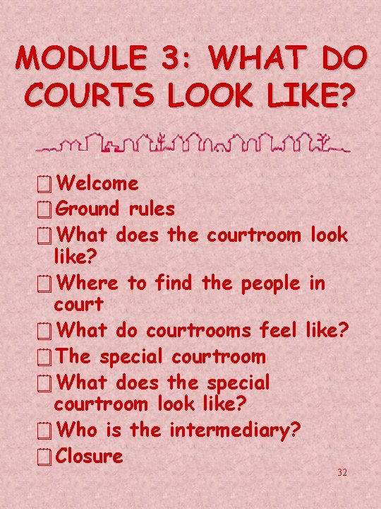 MODULE 3: WHAT DO COURTS LOOK LIKE? ¥Welcome ¥Ground rules ¥What does the courtroom