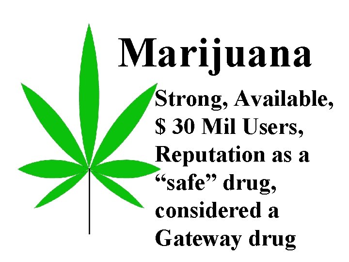 Marijuana Strong, Available, $ 30 Mil Users, Reputation as a “safe” drug, considered a