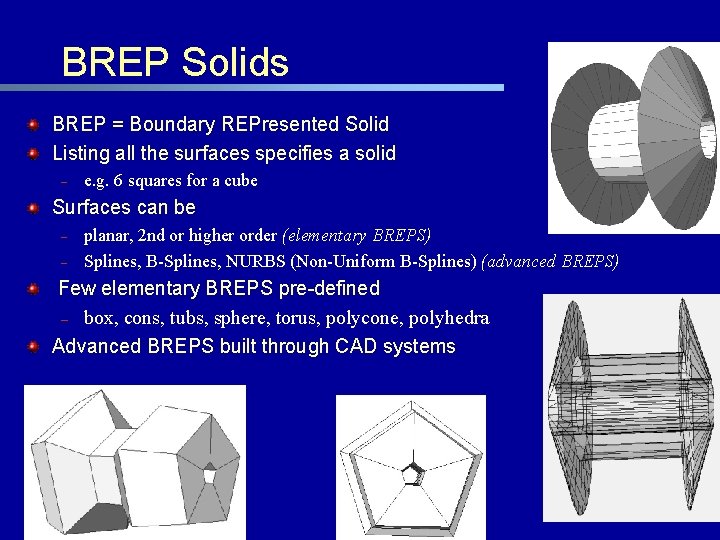 BREP Solids BREP = Boundary REPresented Solid Listing all the surfaces specifies a solid