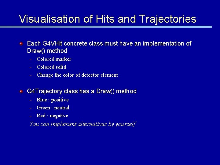Visualisation of Hits and Trajectories Each G 4 VHit concrete class must have an