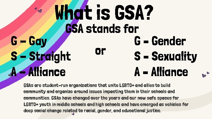 What is GSA? GSA stands for G - Gay G – Gender or S