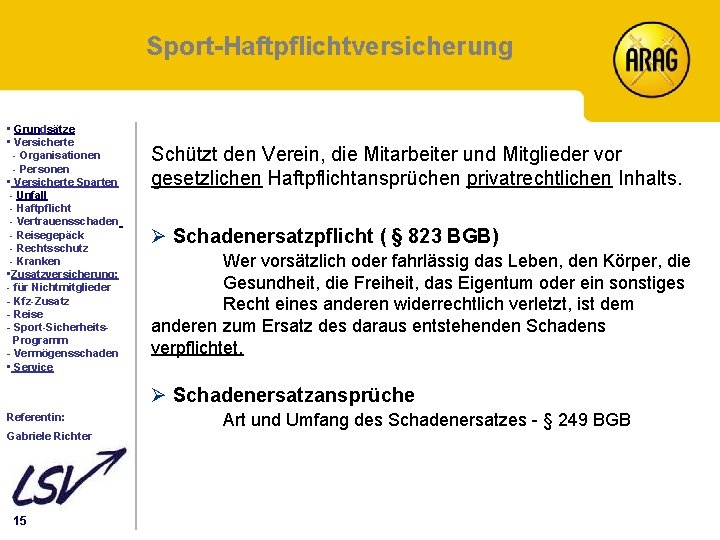 Sport-Haftpflichtversicherung Inhalt • Grundsätze • Versicherte - Organisationen - Personen • Versicherte Sparten -