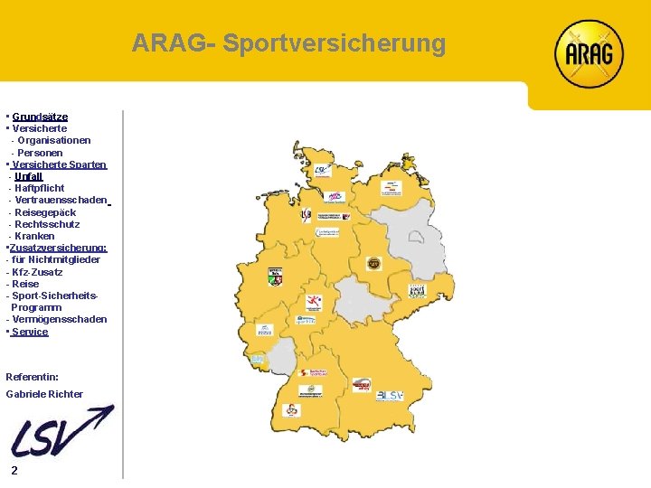 ARAG- Sportversicherung Inhalt • Grundsätze • Versicherte - Organisationen - Personen • Versicherte Sparten