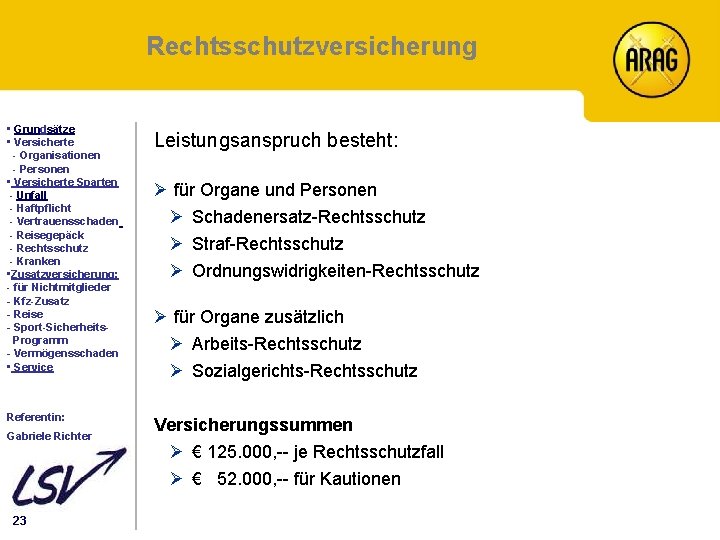 Rechtsschutzversicherung Inhalt • Grundsätze • Versicherte - Organisationen - Personen • Versicherte Sparten -