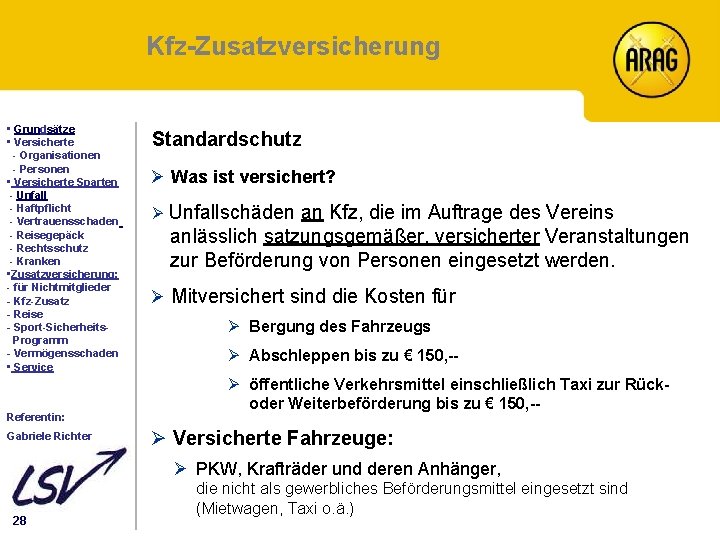 Kfz-Zusatzversicherung Inhalt • Grundsätze • Versicherte - Organisationen - Personen • Versicherte Sparten -