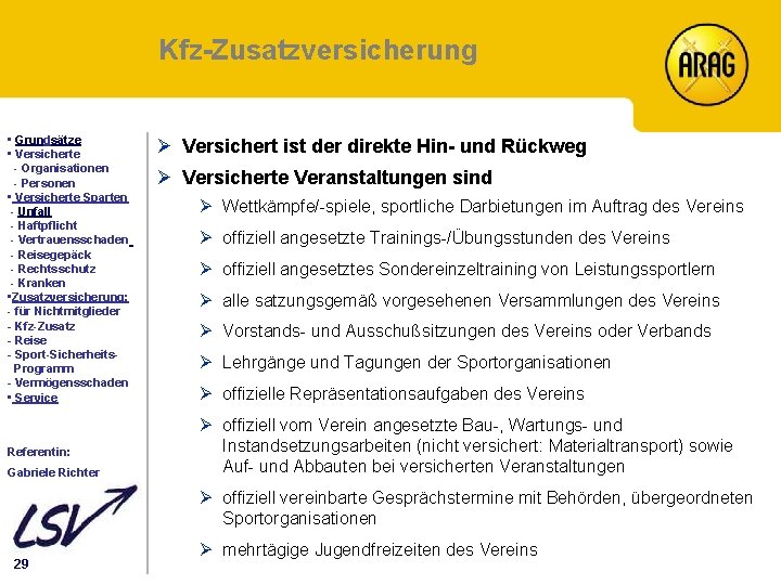 Kfz-Zusatzversicherung Inhalt • Grundsätze • Versicherte - Organisationen - Personen • Versicherte Sparten -