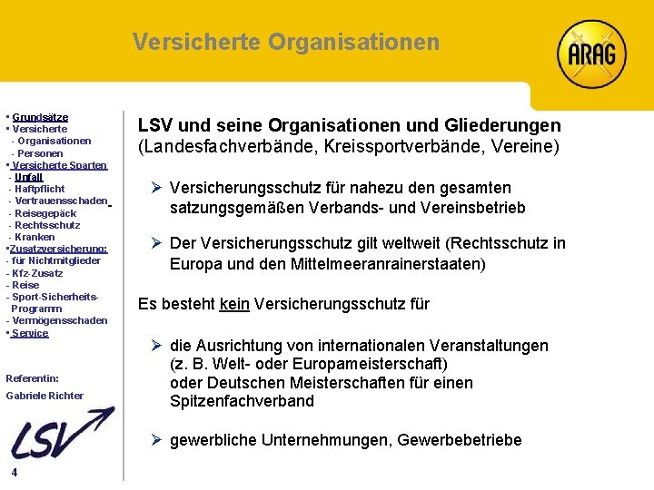 Versicherte Organisationen Inhalt • Grundsätze • Versicherte - Organisationen - Personen • Versicherte Sparten