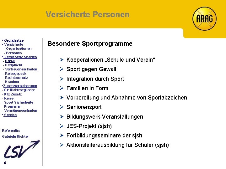 Versicherte Personen Inhalt • Grundsätze • Versicherte - Organisationen - Personen • Versicherte Sparten