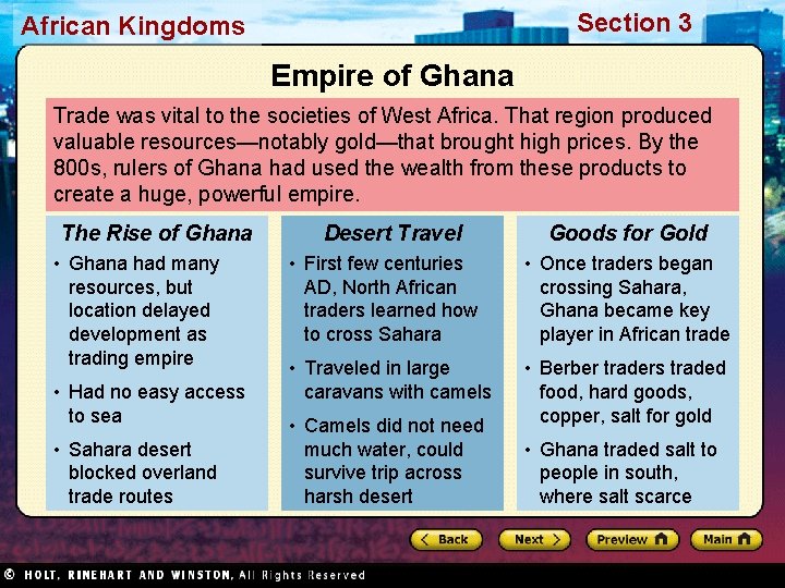 Section 3 African Kingdoms Empire of Ghana Trade was vital to the societies of