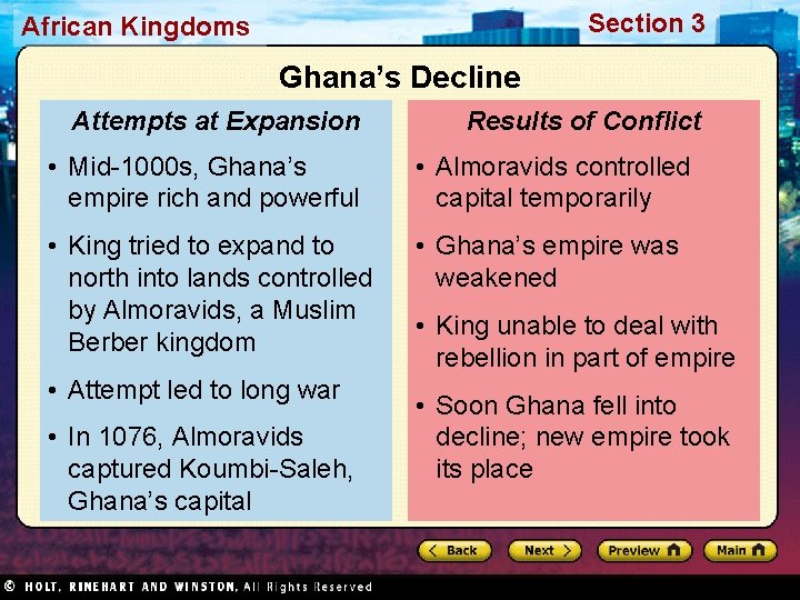 Section 3 African Kingdoms Ghana’s Decline Attempts at Expansion Results of Conflict • Mid-1000