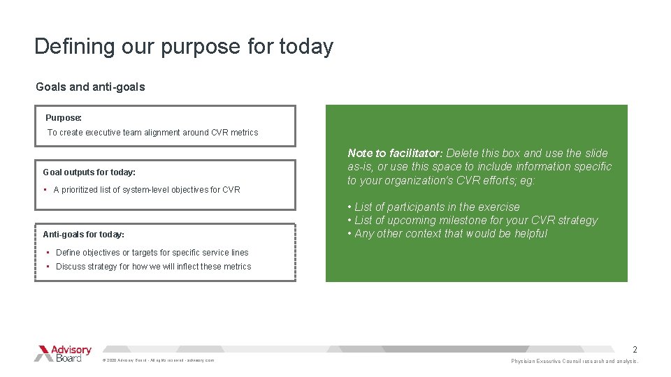 Defining our purpose for today Goals and anti-goals Purpose: To create executive team alignment