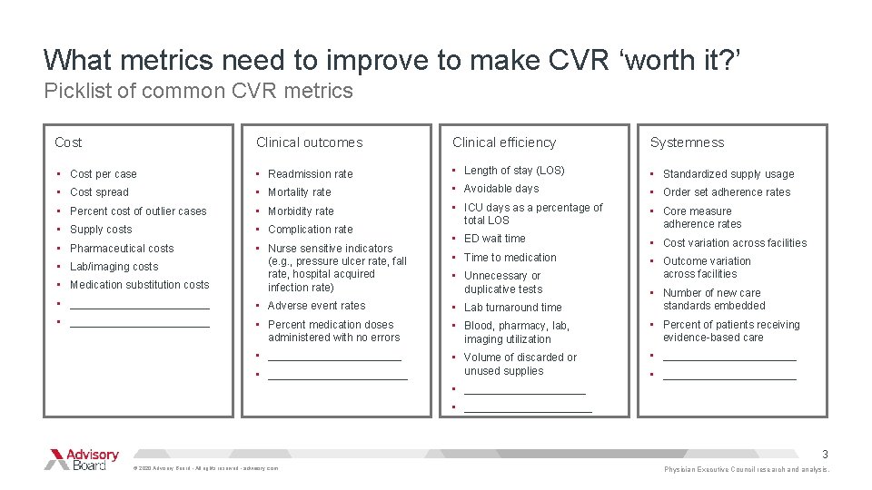 What metrics need to improve to make CVR ‘worth it? ’ Picklist of common
