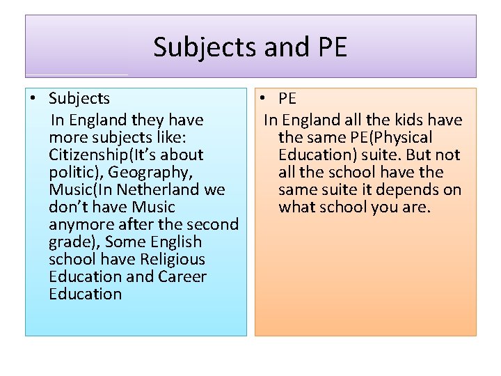 Subjects and PE • Subjects In England they have more subjects like: Citizenship(It’s about