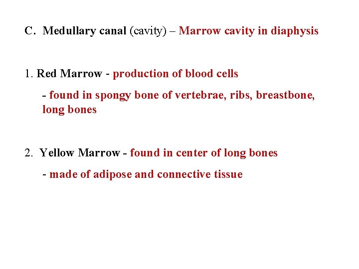 C. Medullary canal (cavity) – Marrow cavity in diaphysis 1. Red Marrow - production