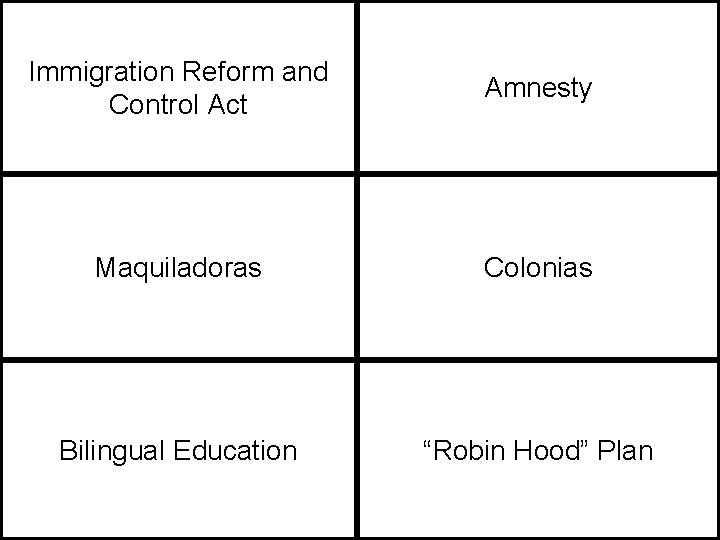 Immigration Reform and Control Act Amnesty Maquiladoras Colonias Bilingual Education “Robin Hood” Plan 