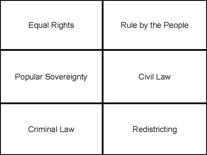 Equal Rights Rule by the People Popular Sovereignty Civil Law Criminal Law Redistricting 