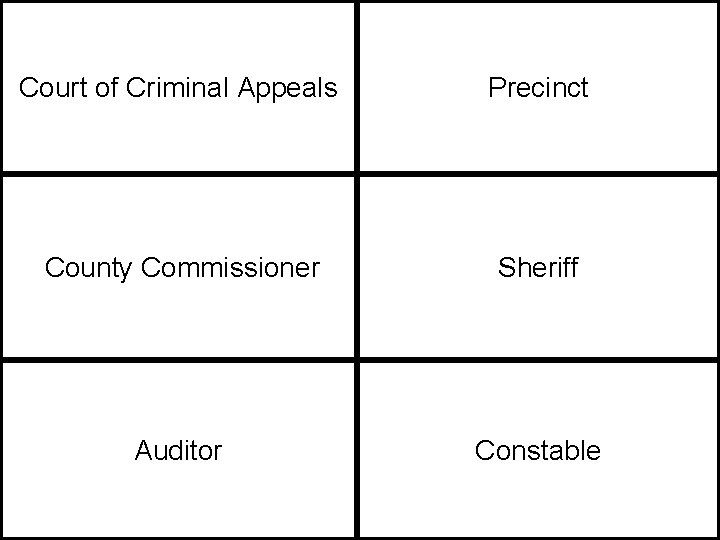 Court of Criminal Appeals Precinct County Commissioner Sheriff Auditor Constable 