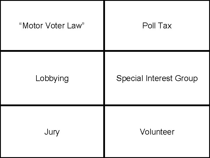 “Motor Voter Law” Poll Tax Lobbying Special Interest Group Jury Volunteer 