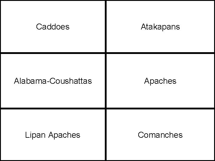 Caddoes Atakapans Alabama-Coushattas Apaches Lipan Apaches Comanches 