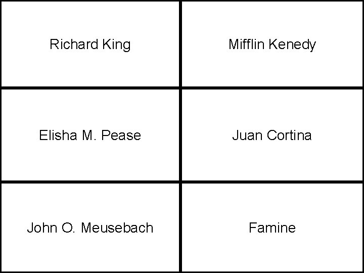 Richard King Mifflin Kenedy Elisha M. Pease Juan Cortina John O. Meusebach Famine 