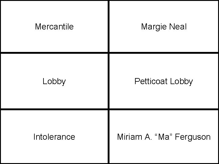Mercantile Margie Neal Lobby Petticoat Lobby Intolerance Miriam A. “Ma” Ferguson 