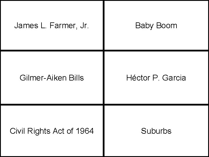 James L. Farmer, Jr. Baby Boom Gilmer-Aiken Bills Héctor P. Garcia Civil Rights Act