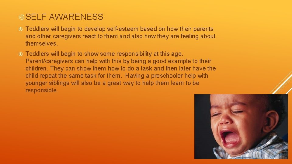  SELF AWARENESS Toddlers will begin to develop self-esteem based on how their parents