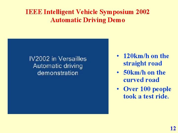 IEEE Intelligent Vehicle Symposium 2002 Automatic Driving Demo • 120 km/h on the straight