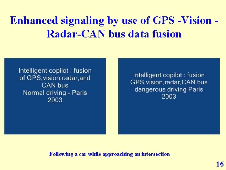 Enhanced signaling by use of GPS -Vision Radar-CAN bus data fusion Following a car