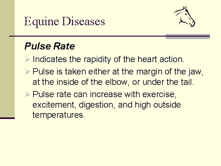 Equine Diseases Pulse Rate Ø Indicates the rapidity of the heart action. Ø Pulse