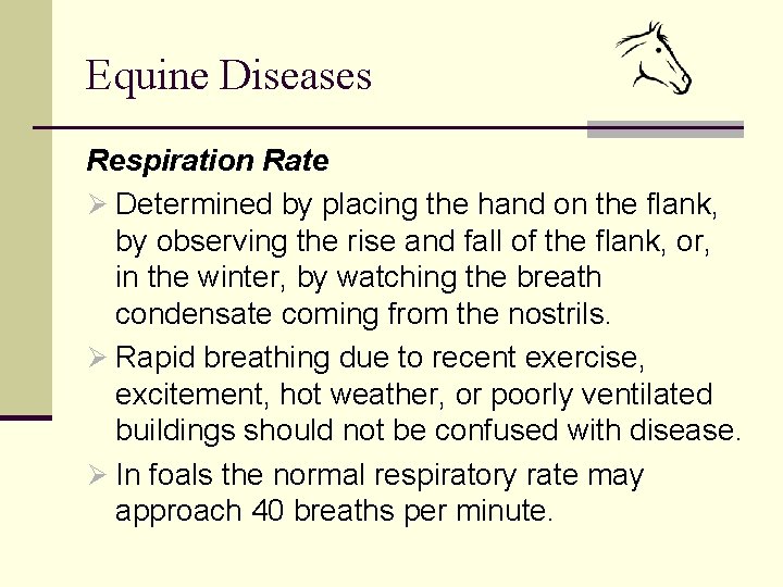 Equine Diseases Respiration Rate Ø Determined by placing the hand on the flank, by
