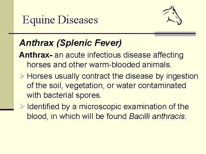 Equine Diseases Anthrax (Splenic Fever) Anthrax- an acute infectious disease affecting horses and other