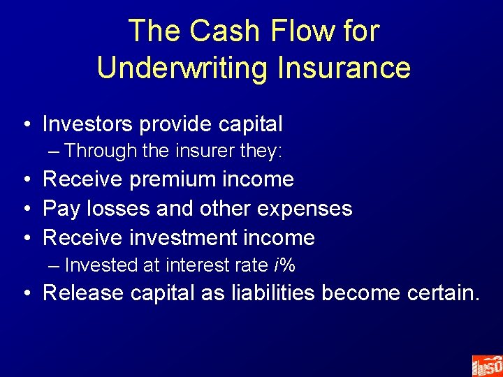 The Cash Flow for Underwriting Insurance • Investors provide capital – Through the insurer