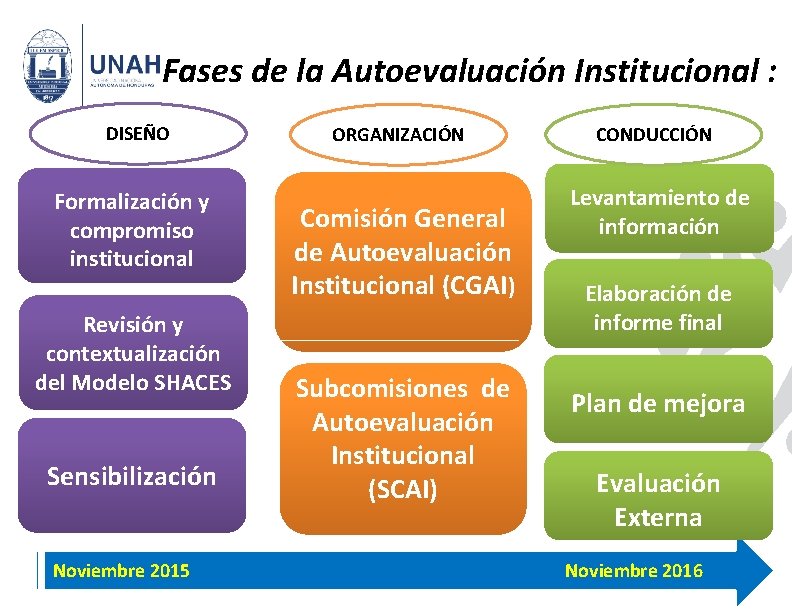 Fases de la Autoevaluación Institucional : DISEÑO Formalización y compromiso institucional Revisión y contextualización