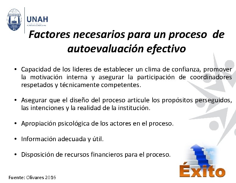 Factores necesarios para un proceso de autoevaluación efectivo • Capacidad de los lideres de