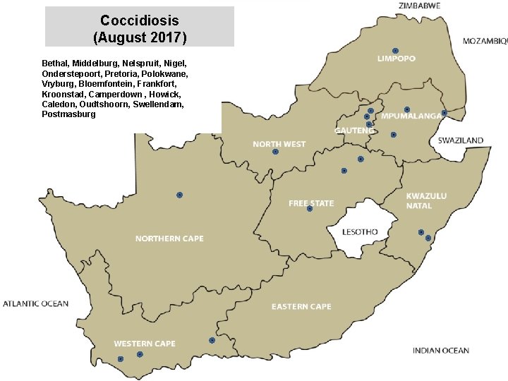 Coccidiosis (August 2017) Bethal, Middelburg, Nelspruit, Nigel, Onderstepoort, Pretoria, Polokwane, Vryburg, Bloemfontein, Frankfort, Kroonstad,