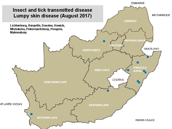 Insect and tick transmitted disease Lumpy skin disease (August 2017) kjkjnmn Lichtenburg, Bergville, Dundee,