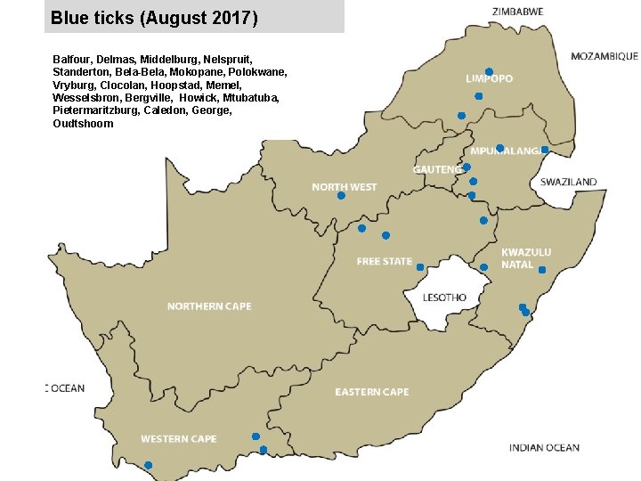 Blue ticks (August 2017) jkccff Balfour, Delmas, Middelburg, Nelspruit, Standerton, Bela-Bela, Mokopane, Polokwane, Vryburg,