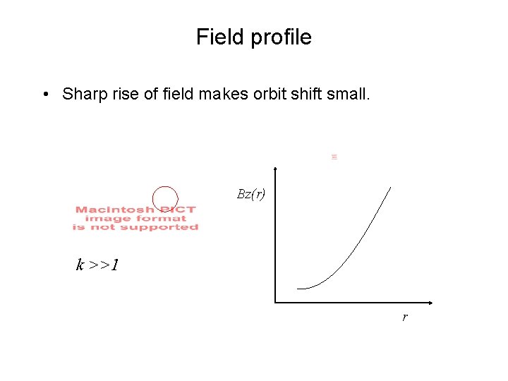 Field profile • Sharp rise of field makes orbit shift small. Bz(r) k >>1