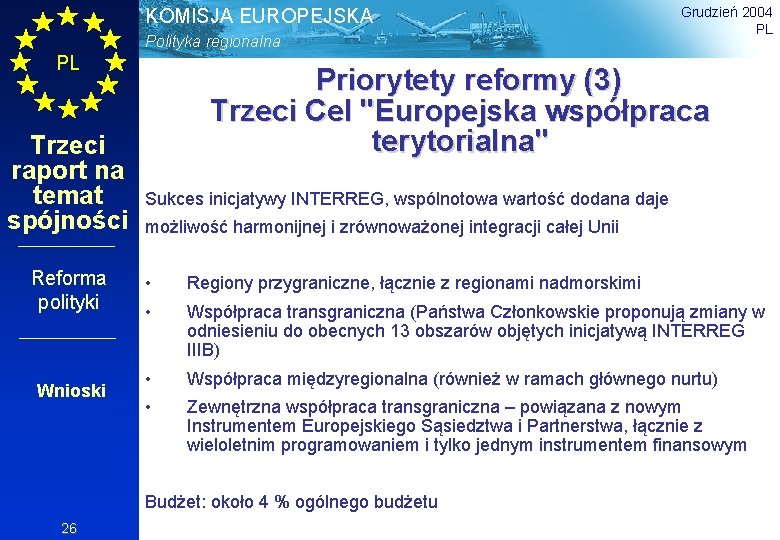 KOMISJA EUROPEJSKA Polityka regionalna PL Trzeci raport na temat spójności Reforma polityki Wnioski Priorytety