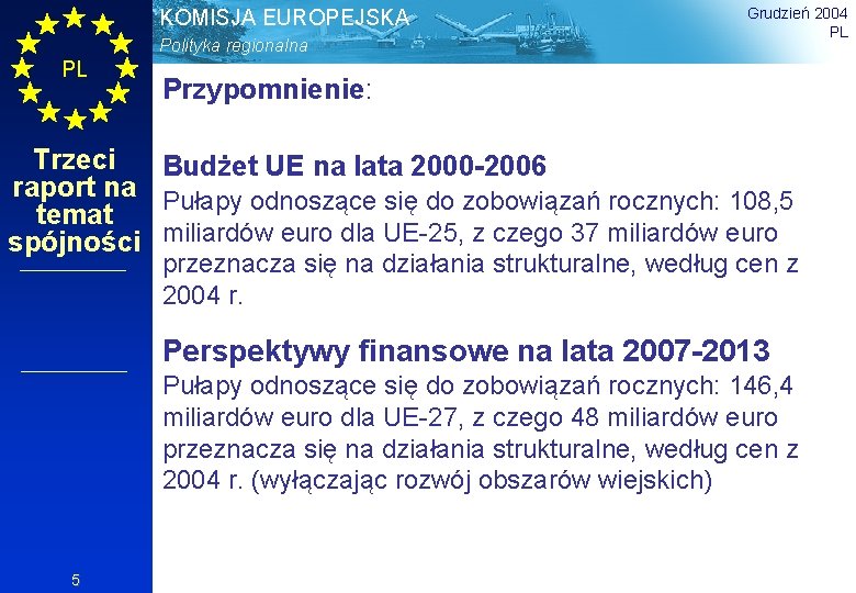 KOMISJA EUROPEJSKA Polityka regionalna PL Grudzień 2004 PL Przypomnienie: Trzeci Budżet UE na lata