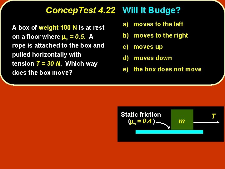 Concep. Test 4. 22 Will It Budge? A box of weight 100 N is