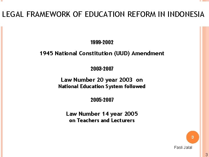 LEGAL FRAMEWORK OF EDUCATION REFORM IN INDONESIA 1999 -2002 1945 National Constitution (UUD) Amendment